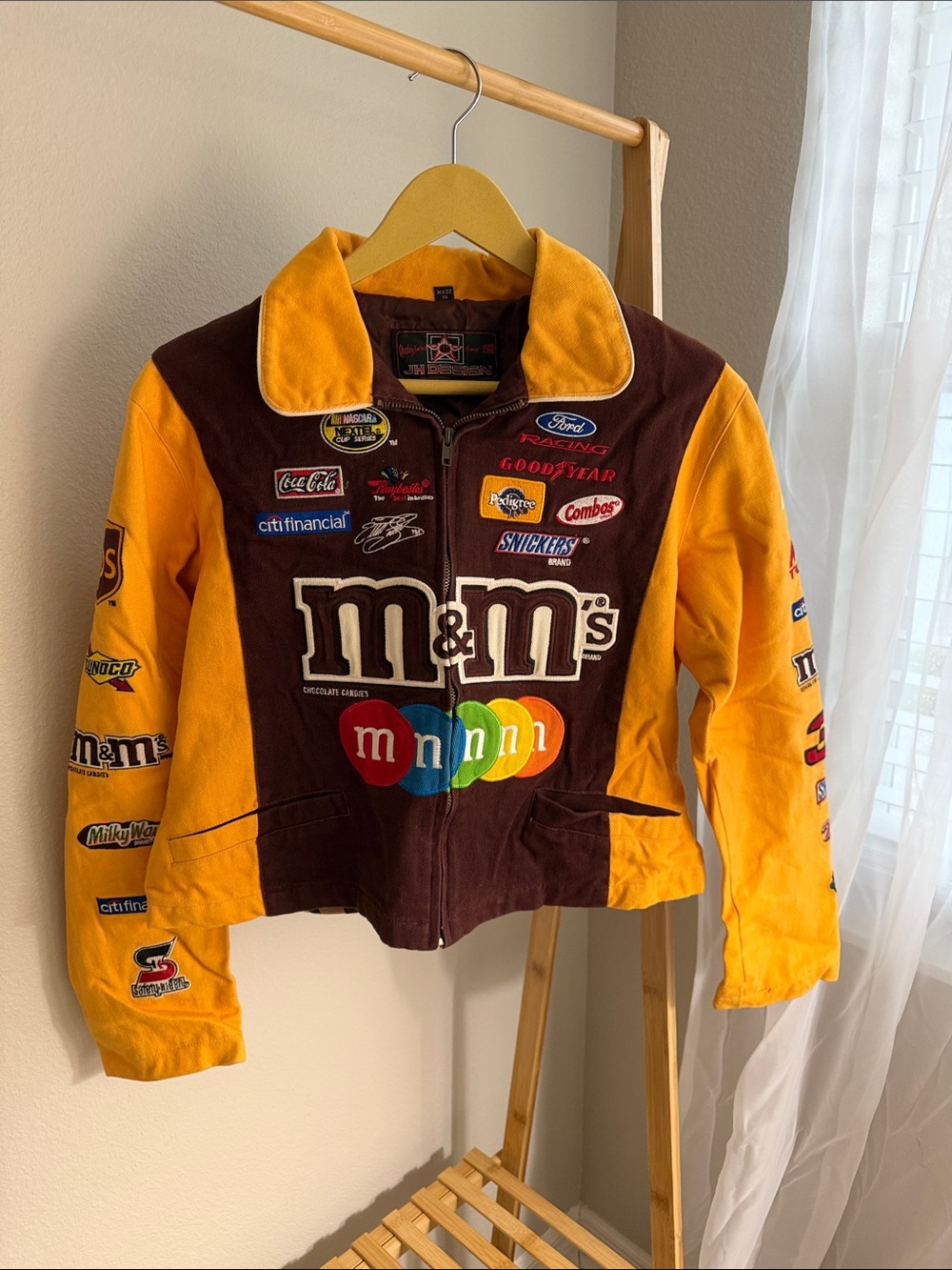 M&M'S Colorblock Racing Jean Jacket in Brown & Yellow with Candy Patch